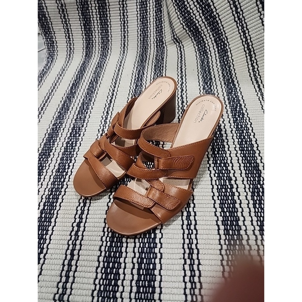 Clarks Collection Tan Leather Multi Strap Block Heel Slide Sandals Women 8.5 M - Picture 4 of 13